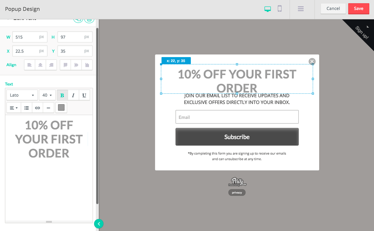 Privy: popup design
